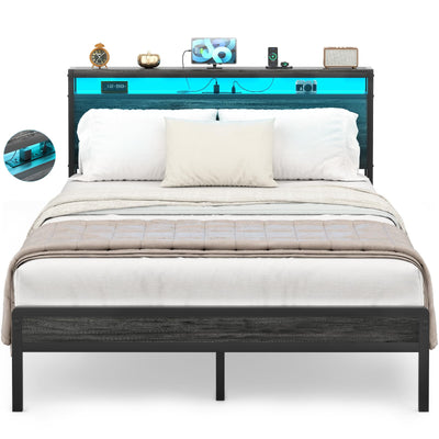 Homieasy Full Size Bed Frame with Headboard, Metal Full Bed Frames with Charging Station and Led Lights, Industrial Platform Bed Frame, No Box Spring Needed, Noise-Free, Black Oak