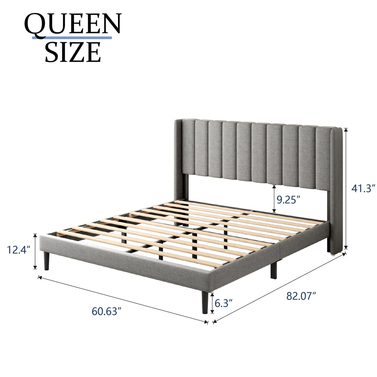 Gruwans Queen Size Bed Frame with Upholstered Wingback Headboard, Easy Assemnly Platform Bed, Wooden Slat Support No Box Spring Needed, Light Gray Gruwans
