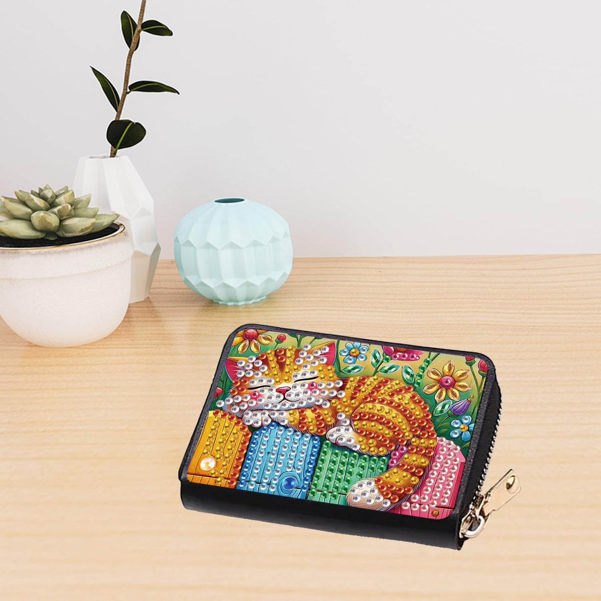 JZHYOAN Cat Diamond Art Zipper Business Small Wallet, 4.33x3.14x0.98 Inch Diamond Art Credit Card Holder, DIY Anti-demagnetization Card Holder Wallet for Woman Adult Man Family JZHYOAN
