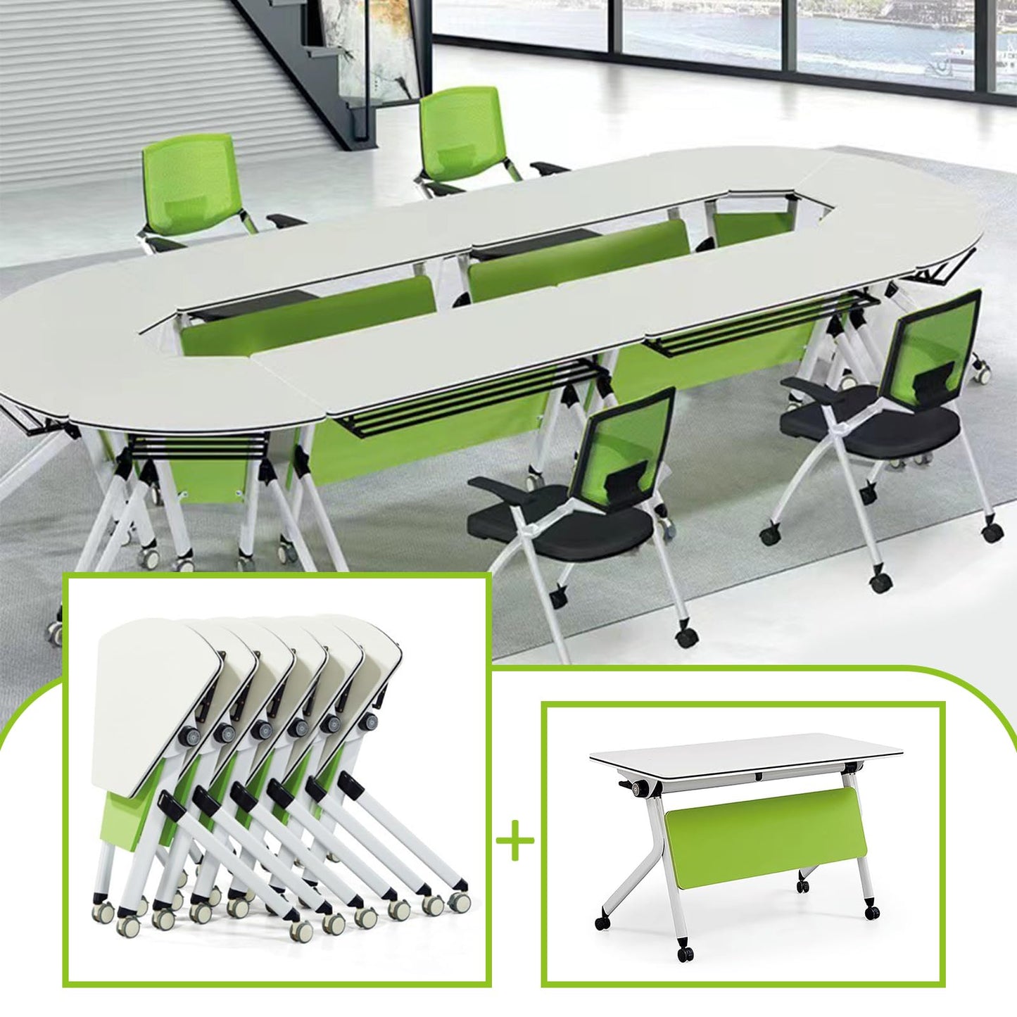 Folding Conference Table 6PCS, Modern Sector Shape Conference Room Table, Flip Top Mobile Training Table, Mobile Conference Tables with Silent Wheels, Meeting Room Table for Office Training - WoodArtSupply