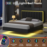 IMMERSTABLE Floating Full Bed Frame with LED Lights, Upholstered Bed Frame Full with Headboard, Solid Wood Slats Support, Full Size Bed Frame No Box Spring Needed, Noise-Free, Easy Assembly, Black IMMERSTABLE