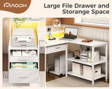 AODK L Shaped Desk with 5 File Drawers, 66" Reversible L Shaped Computer Desk with Power Outlet & LED Strip, Office Desk with Storage Shelves, Gaming Desk with Monitor Shelf, Corner Desk, White AODK