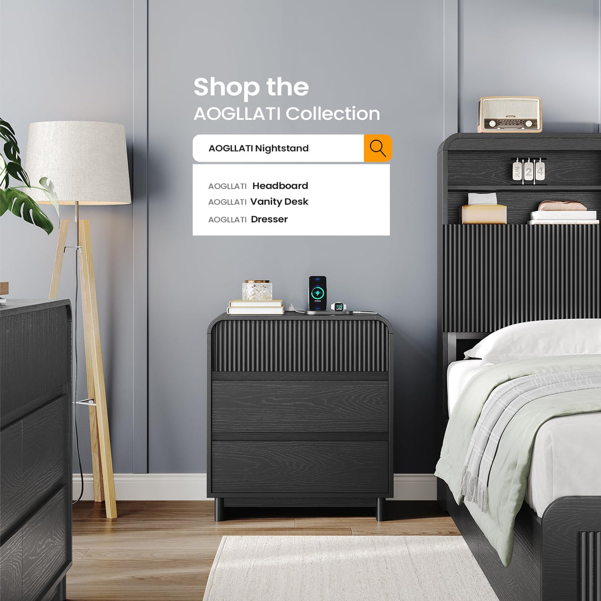 Fluted Nightstands Set of 2 with Charging Station, Black Night Stand with 3 Drawers Dresser, Bedside Table Curved Anti-Collision Design, Modern End Table for Bedroom AOGLLATI