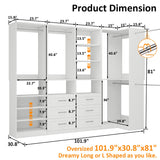 Vomavex Closet System with 4 sets, 101.9" Closet Organizer Systems with 6 Drawers & 8 Hanging Rods & Adjustable Shelves, Walk in Closet Standing Closet System, Corner Closet System Set, White vomavex