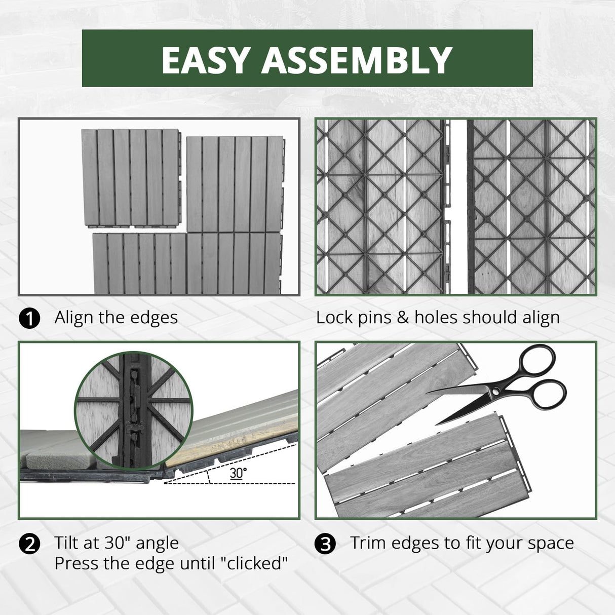 BEEFURNI Acacia Interlocking Deck Tiles (12"x 12" 20 PCS), Wood Deck Tiles Interlocking Outdoor All Weather, Patio Flooring for Indoor Outdoor use, 1 Year Warranty (Light Gray) BEEFURNI