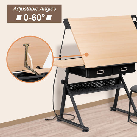 ZENY Adjustable Drafting Table with Stool, Tilting Drawing Desk Artist Table with Storage Drawers, Art Craft Workstation for Home Office Reading, Writing, Crafting (Brown-with Outlet) ZENY