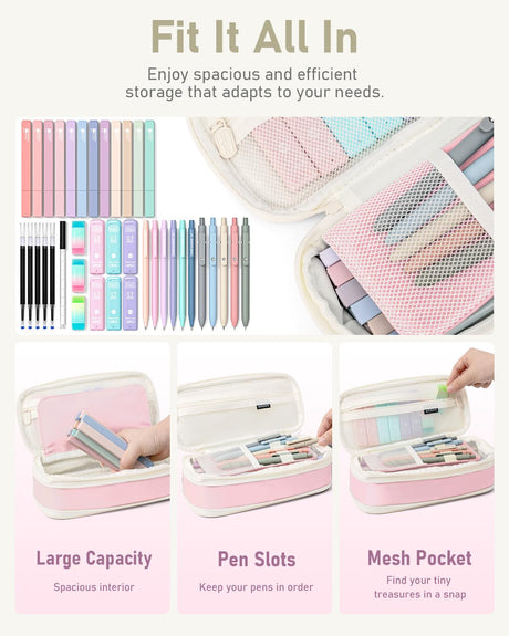 Four Candies 39 PCS Aesthetic School Supplies with Cute Pen Case, 12 Pastel Highlighters, 5 Black Ink Gel Pens, 6 Mechanical Pencils Set 0.5 & 0.7 mm for Students Stationary College Essentials (Pink) Four Candies