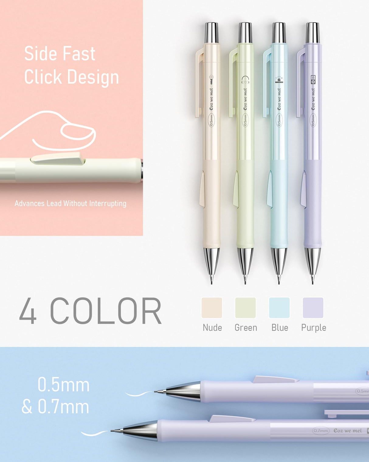Nicpro 4 PCS Pastel Mechanical Pencil 0.7mm, Cute Fast Click Mechanical Pencils Set with 8 Tubes HB Lead Refills, Erasers, Eraser Refills for School, Student Writing, Drawing, Sketching - with Case Nicpro