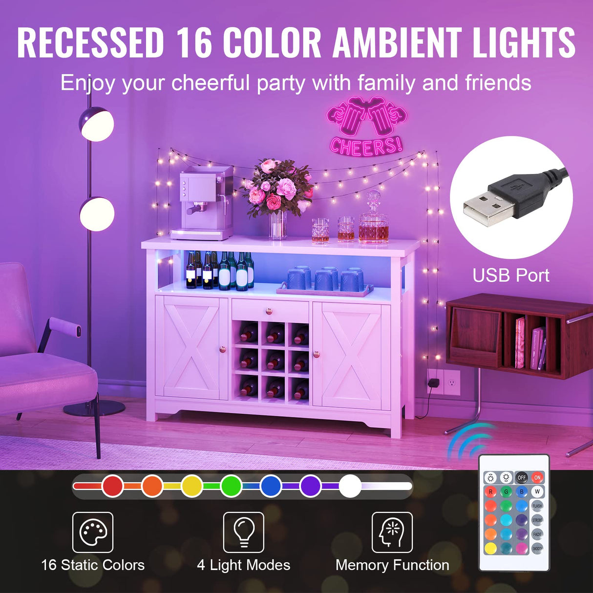 VEVOR 47 Inch Industrial Bar Cabinet, Wine Table for Liquor & Glasses, Sideboard Buffet Cabinet with Wine Rack, Freestanding Farmhouse Wood Coffee Bar Cabinet for Living Room, Home Bar, Kitchen White VEVOR