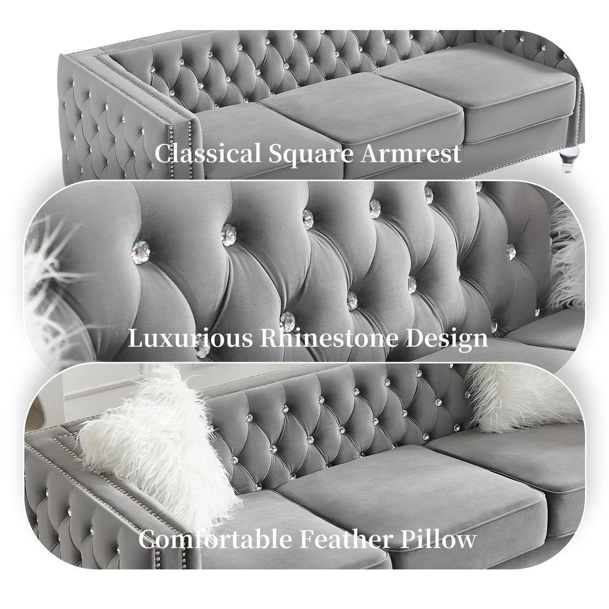 Homies Life 83" Chesterfield Sofa, Velvet Mid-Century Modern Upholstered Couch with 2 Throw Pillows and Acrylic Legs, Nailhead Button Tufted Vintage Sofa for Living Room, Apartment, Office, Grey Homies Life