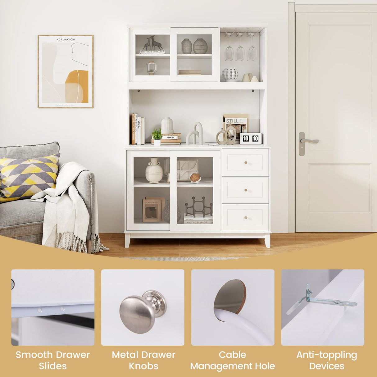 SILKYDRY 73” Kitchen Pantry Storage Cabinet, Buffet Hutch w/Power Outlets & Led Lights, Tall Cupboard w/Wine Glass Racks, Adjustable Shelves, Drawers, Microwave Stand for Dining Room (White) SILKYDRY