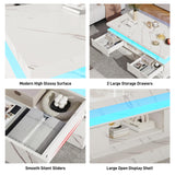 47.2 inch Modern High Glossy LED Coffee Table with 2 Sliding Drawers, Double-Layer Center Tables with LED Lights for Livings Room Furniture, White chartustriable
