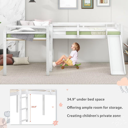 Merax Wooden Twin Size Double Loft Bed with Slide and Ladder, L-Shaped Bed Frame with Full-Length Guardrail, Wood Bedframe for Kids Teens Adults Bedroom, 2 Twin Beds,White