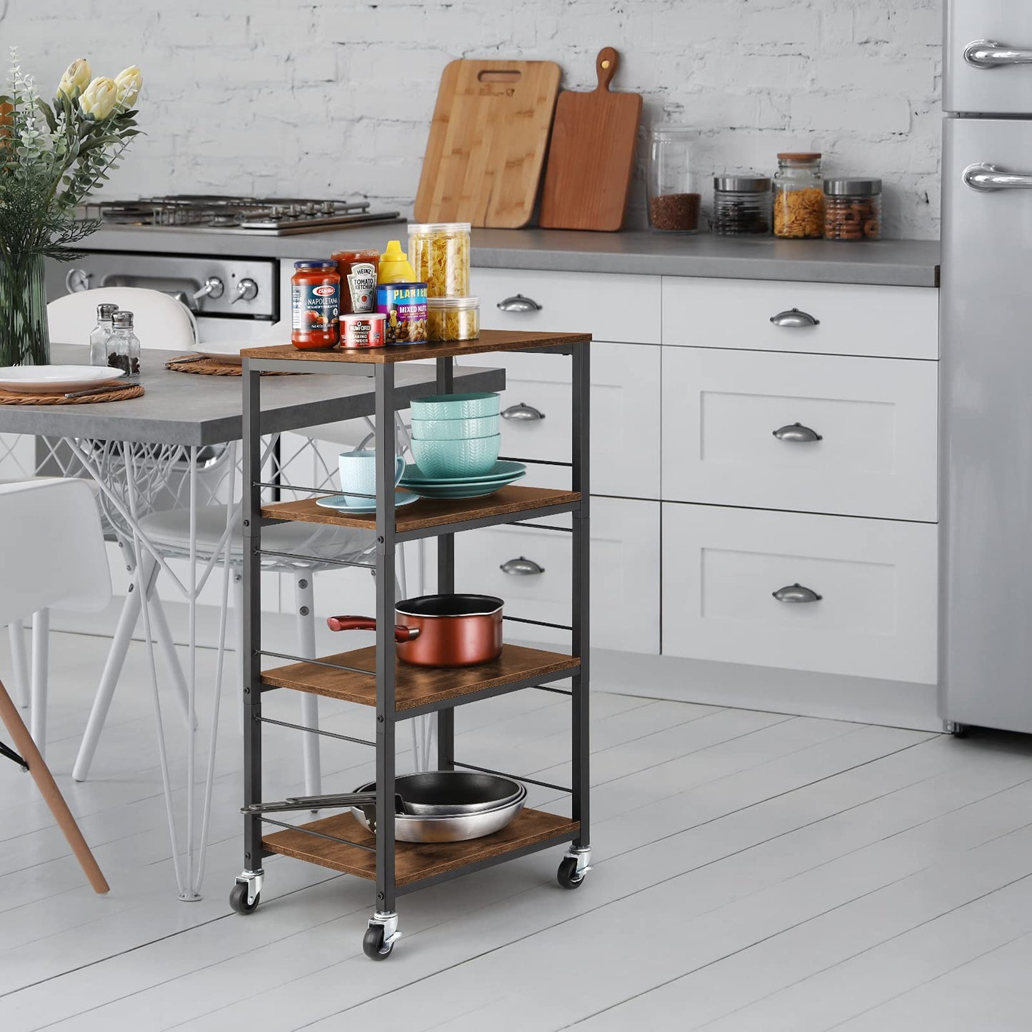 YBING Kitchen Island Cart Utility on Wheels Rolling Cart with Storage Organizer 4-Tier Farmhouse Serving Cart Stand with Wood Tabletop Shelf Units for Bathroom Office Industrial Brown