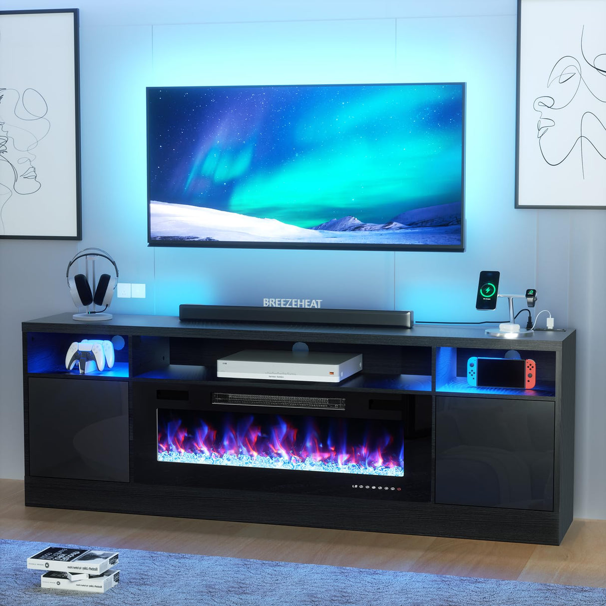 BREEZEHEAT Electric Fireplace TV Stand-Led Entertainment Center-70 inch TV Stand with 36" Electric Fireplace-Living Room Tv Cabinet with Storage for TVs Up to 80"，Modern Media Console (Black) BREEZEHEAT
