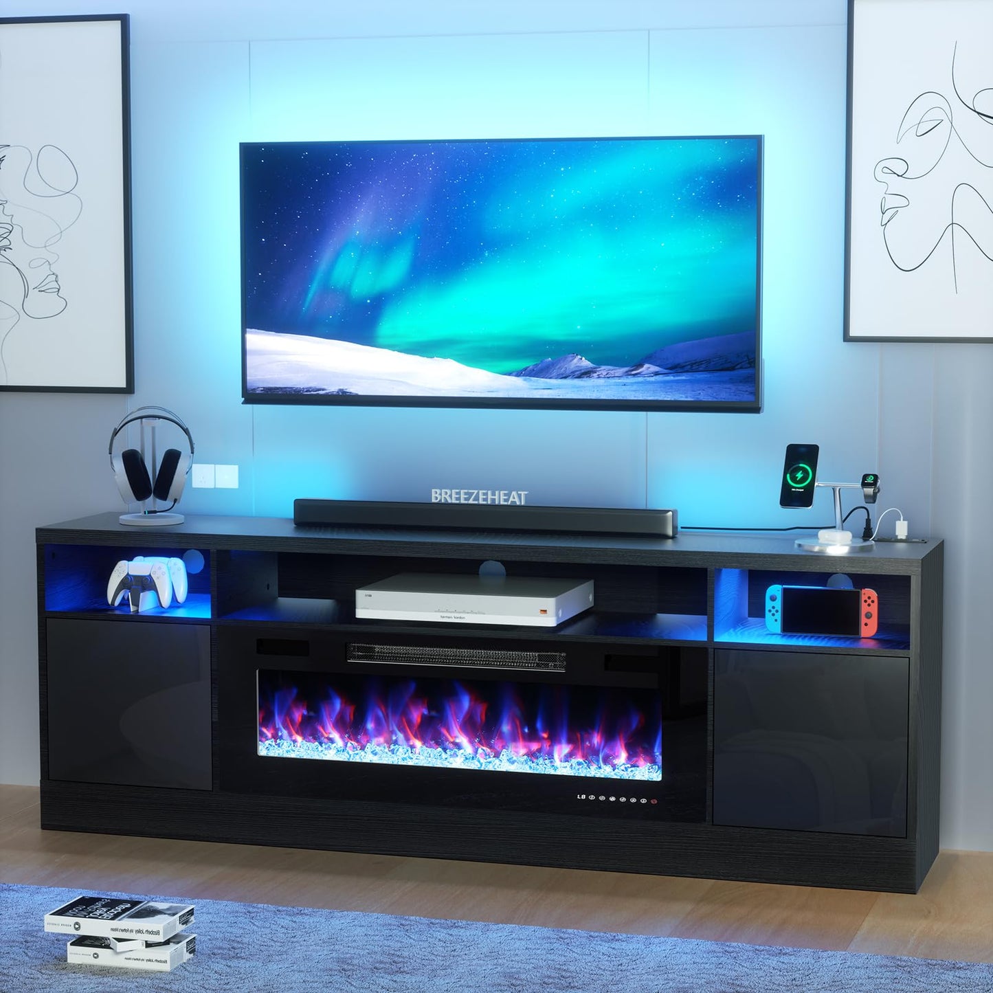 BREEZEHEAT Electric Fireplace TV Stand-Led Entertainment Center-70 inch TV Stand with 36" Electric Fireplace-Living Room Tv Cabinet with Storage for TVs Up to 80"，Modern Media Console (Black)