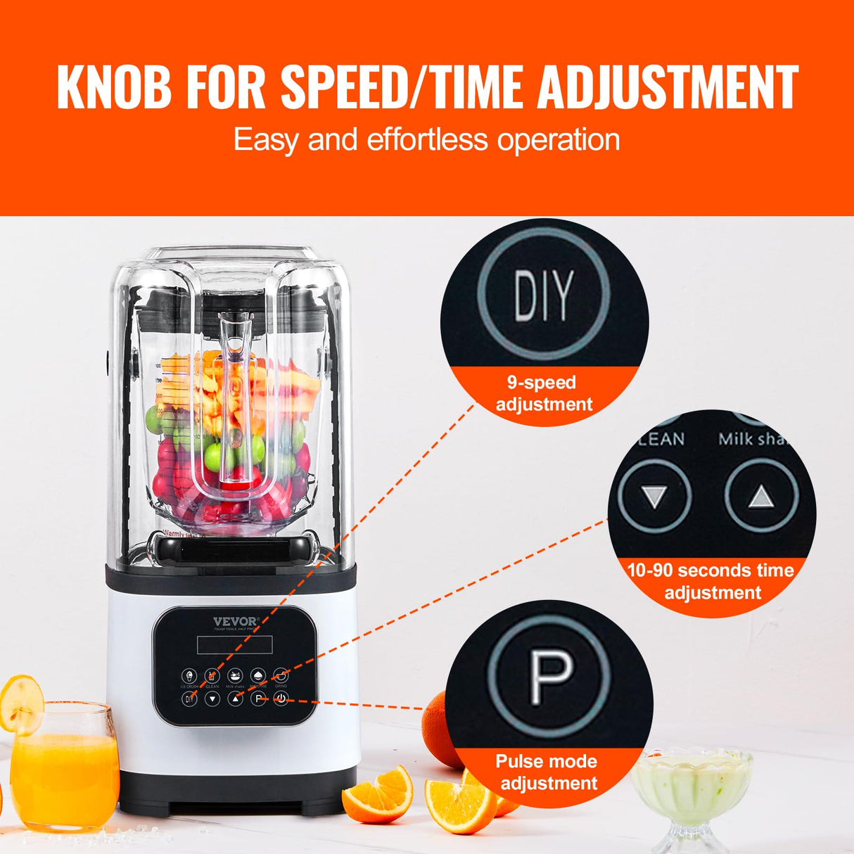 VEVOR Professional Blender with Shield, Commercial Countertop Blenders, 68 oz Jar Blender Combo, Stainless Steel 9 Speed & 5 Functions Blender, for Shakes, Smoothies, Peree, and Crush Ice, White VEVOR