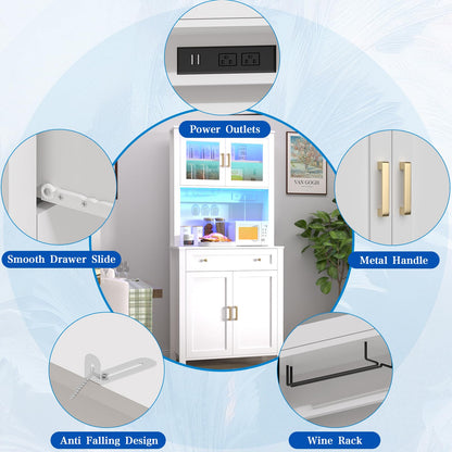 Yeyawomy 72" Tall Kitchen Pantry Cabinet with LED Light and Power Outlets, Farmhouse Large Storage Cabinet, Microwave Stand with Storage, Adjustable Cabinet Shelf, Kitchen Pantry White Modern Style