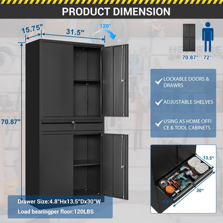 Fesbos 71" Metal Cabinet-Black Heavy Duty Storage File Cabinet Steel Tool Cabinets with Shelves, Lockable Doors and Drawers- for Garage, Pantry, Warehouse - Assembly Required Fesbos