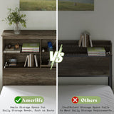 AMERLIFE King Size Wooden Platform Bed with Storage LED Bookcase Headboard and Charging Station, Rustic Grey AMERLIFE