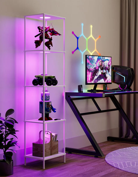 Display Shelf with RGBCW Light, Color Changing Curio Cabinet Floor Lamp with Shelves Corner Standing Column Lamp Etagere Organizer Tower Nightstand Bookcase for Living Room Bedroom Office Décor White PARTPHONER