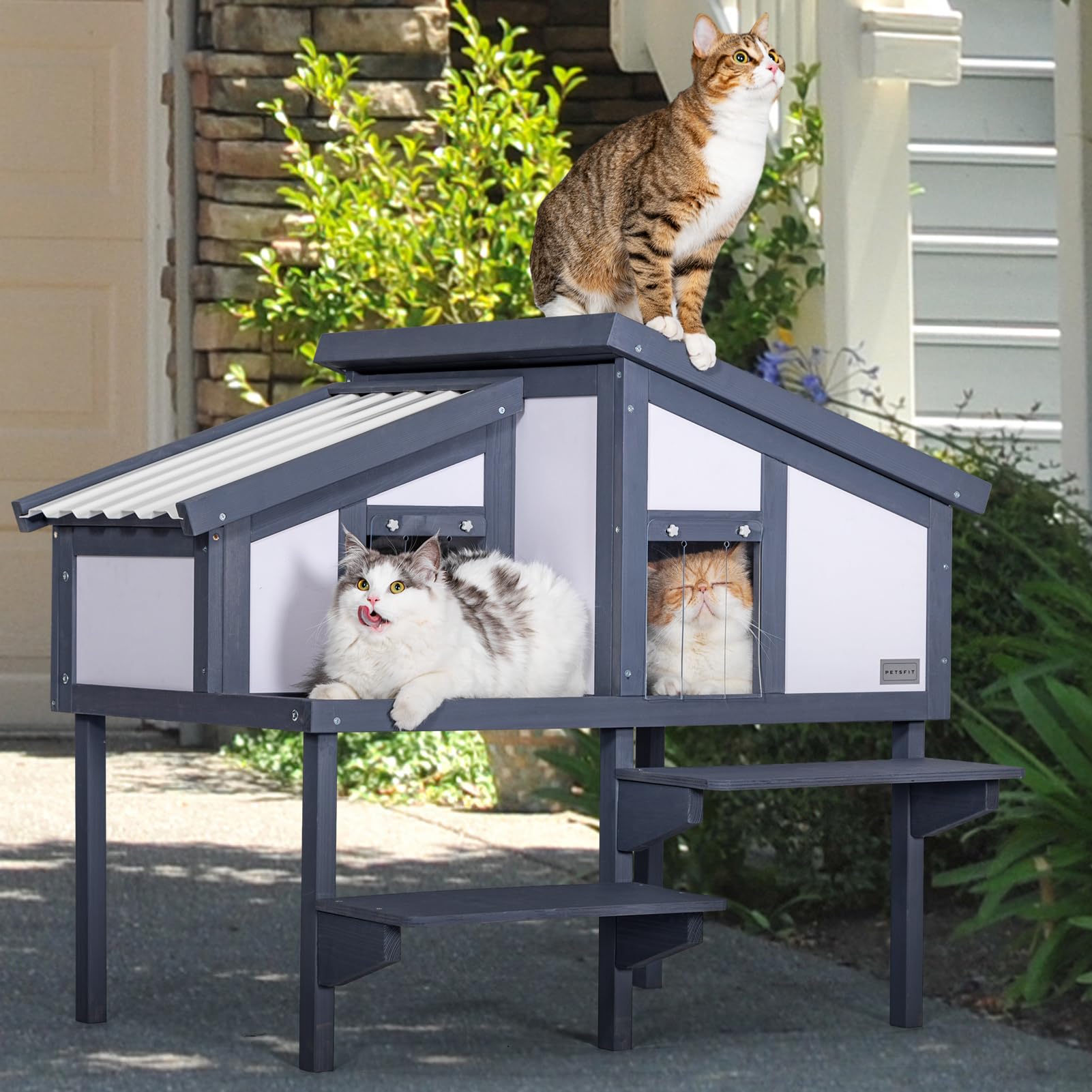 Outdoor Cat House for Multiple Cats, Insulated Feral Cat Shelter for Large Cat Enclosure Wooden Cat Condos with PVC Door Curtains - WoodArtSupply