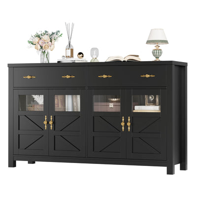 finetones Buffet Cabinet with Storage, 55.1" Large Sideboard Buffet Cabinet, Farmhouse Sideboard Kitchen Cabinet with 2 Drawers and 4 Doors, Wood Coffee Bar Cabinet Buffet Table for Kitchen, Black