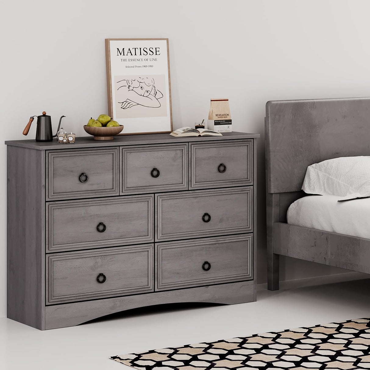 Modern 7 Drawer Dresser Gray Dressers for Bedroom, Wood Dresser with Drawers for Clothes Storage, 47" Long Dresser with Textured Borders Deep Drawer, Chest of Drawers Closet Organizers for Bedroom HolliWill