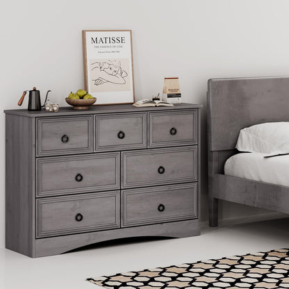 Modern 7 Drawer Dresser Gray Dressers for Bedroom, Wood Dresser with Drawers for Clothes Storage, 47" Long Dresser with Textured Borders Deep Drawer, Chest of Drawers Closet Organizers for Be - WoodArtSupply