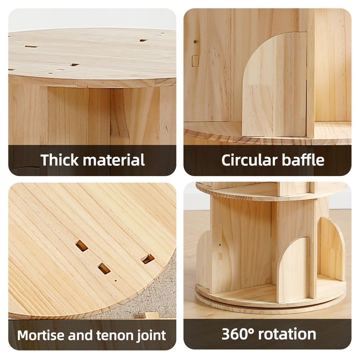 Buzleer 4-Tier Rotating Bookshelf Tower – Space-Saving Solid Wood Book Organizer for Small Spaces Buzleer