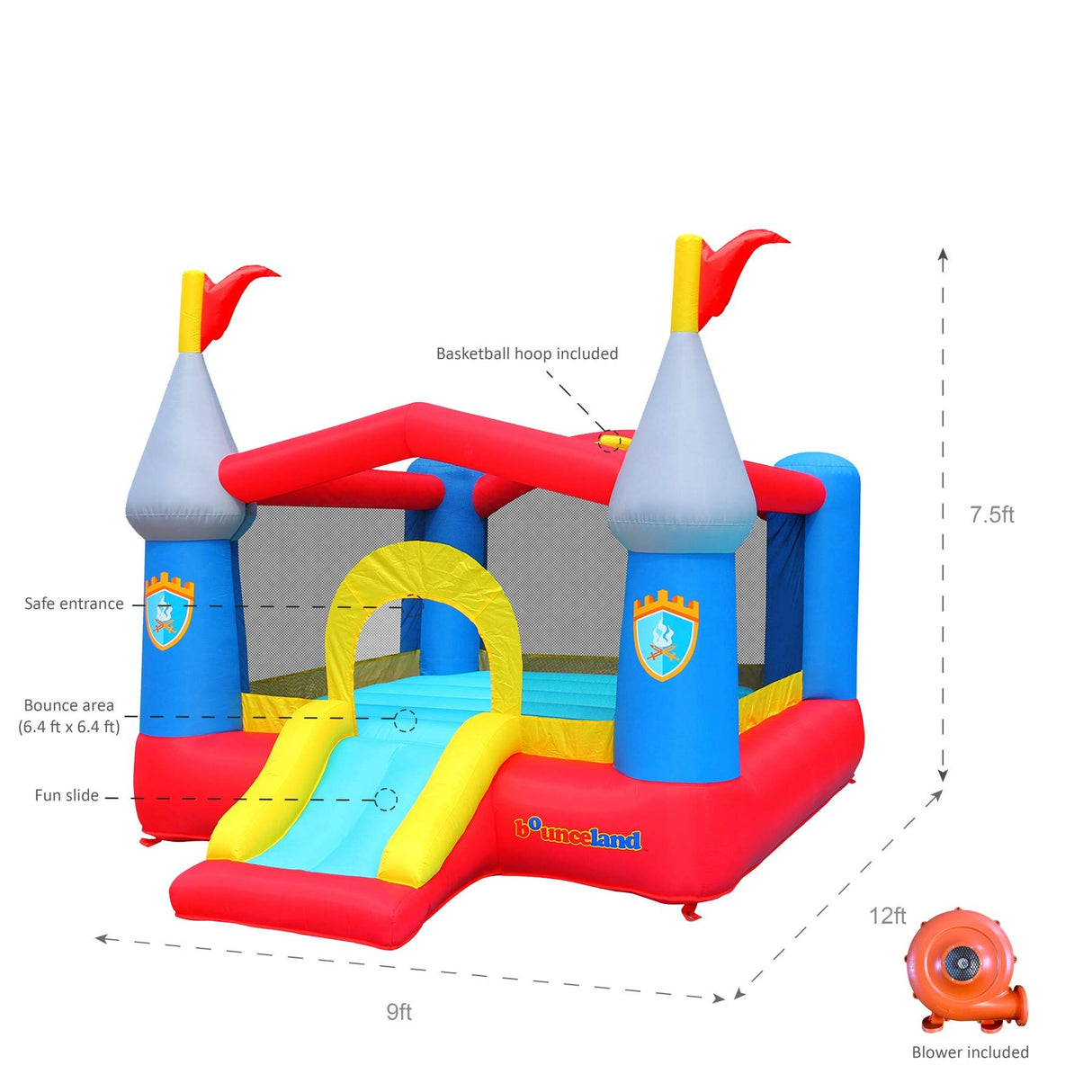 Bounceland Bounce House Castle with Basketball Hoop Inflatable Bouncer, Fun Slide, Safe Entrance Opening, UL Certified Strong Blower Included, 12 ft x 9 ft x 7 ft H Bounceland