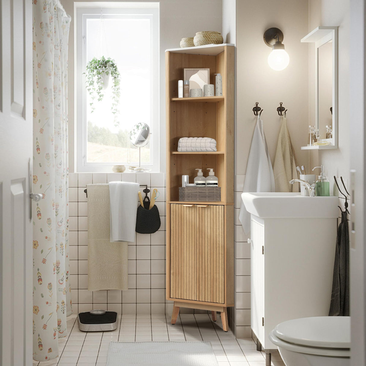 Grepatio Fluted Corner Cabinet, 68" Tall Corner Storage Cabinet with 2 Door & 4 Adjustable Shelves, Freestanding Bathroom Shelf, Faux Marble Top, Curved Profile Design for Bathroom, Kitchen Grepatio