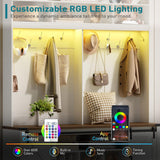 RALGEND Hall Tree with Bench and Shoe Storage, LED Coat Rack with 9 Shoe Cubbies and 12 Hooks, Sliding Barn Doors and Adjustable Shelves, for Foyer, Mudroom, Entryway, White and Walnut RALGEND