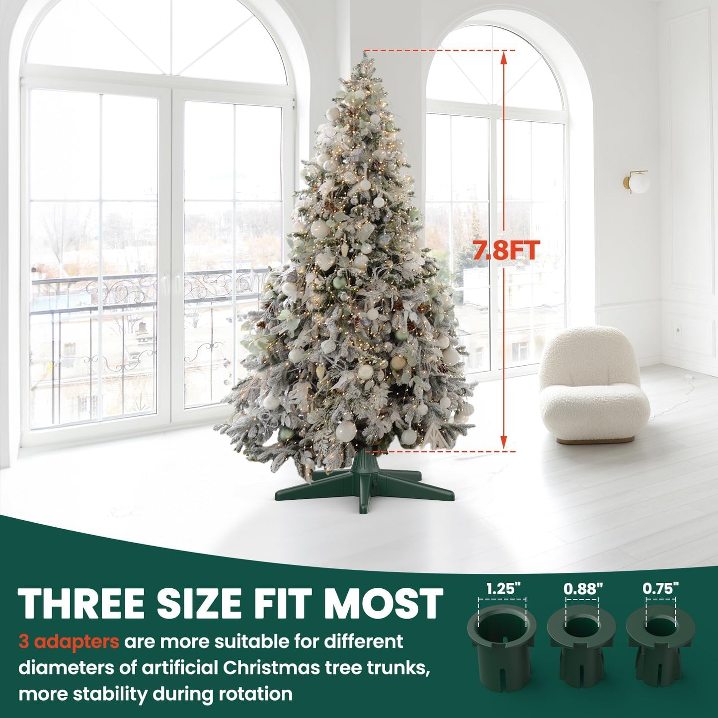 CreiYuan Rotating Christmas Tree Stand, Thickened ABS, Sturdy 5-Legged Design, Includes 3 Adapters & Sockets, Supports up to 7.8ft Rotating Tree Stand for Artificial Christmas Tree