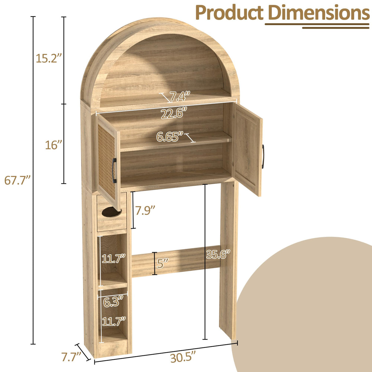 Spurgehom Over The Toilet Storage Cabinet, Bathroom Shelf Organizer Freestanding, Bathroom Arch Cabinet Over Toilet with Toilet Paper Holder and Anti-Tipping Device (Wood & Wicker Door) Spurgehom