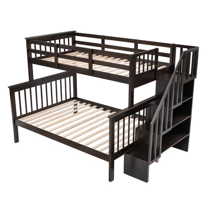 P PURLOVE Espresso Twin-Over-Full Bunk Bed with Storage and Detachable Design - WoodArtSupply