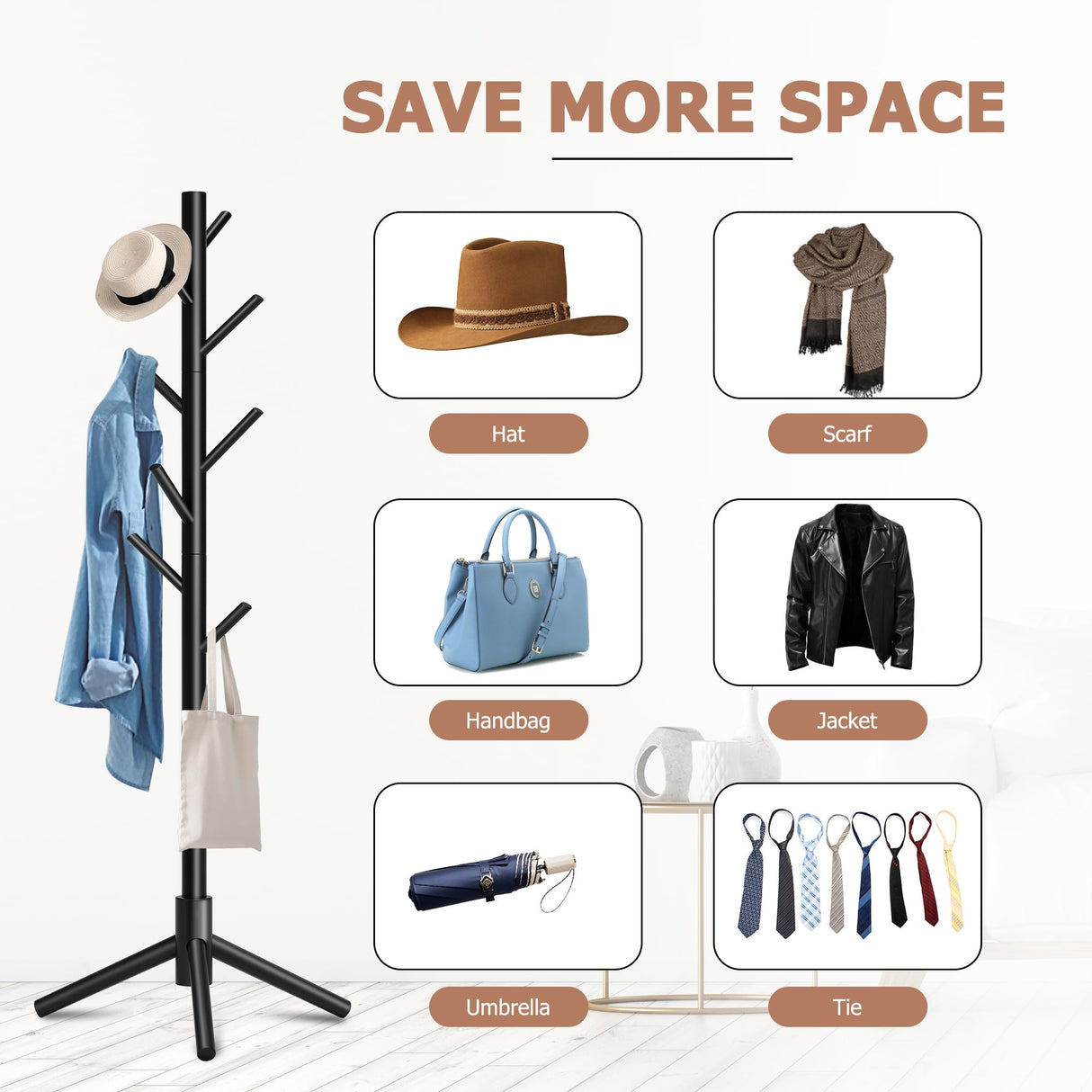 Azaeahom Wooden Coat Rack, Free Standing Coat Rack with 8 Hooks 3 Adjustable Heights for Clothes, Hats, Handbags, Coat Tree Easy Assembly for Entryway, Bedroom, Hallway, Office (New Black) Azaeahom