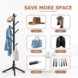 Azaeahom Wooden Coat Rack, Free Standing Coat Rack with 8 Hooks 3 Adjustable Heights for Clothes, Hats, Handbags, Coat Tree Easy Assembly for Entryway, Bedroom, Hallway, Office (New Black) Azaeahom