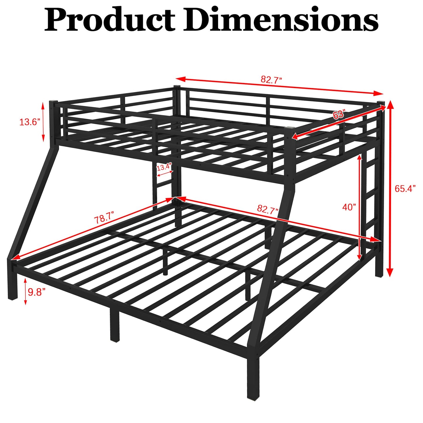 Thctvous Queen Over King Bunk Bed,Heavy-Duty Metal Bunk Bed Frame for Adults Teen Kids,2 Side Ladder,Guardrail,Space-Saving,Noise Reduced,No Box Spring Needed,Black (Queen Over King)