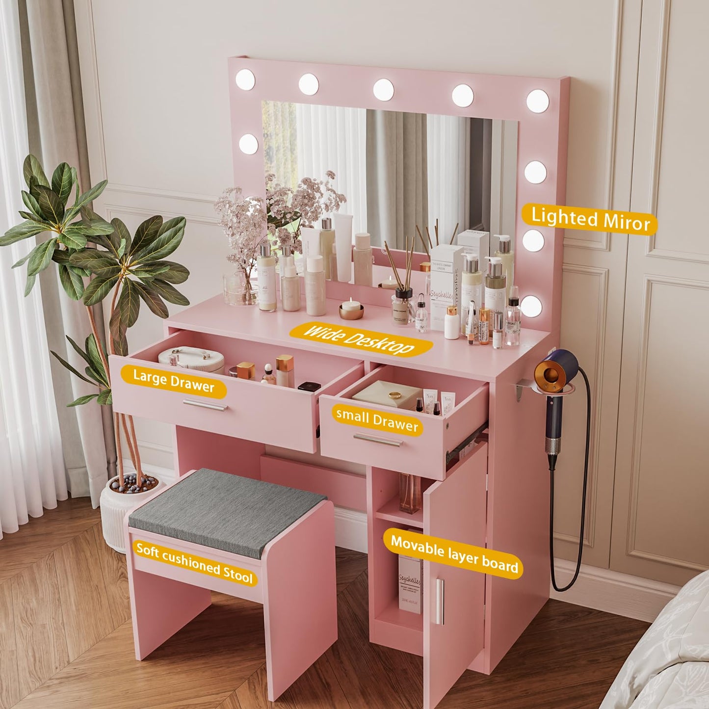 Viaozutis Vanity, Vanity Desk with Mirror, Large Drawer and Power Socket with 11 Light Bulbs and 3 Adjustable Lighting Modes, Vanity Table Ideal for Bedroom (Pink)