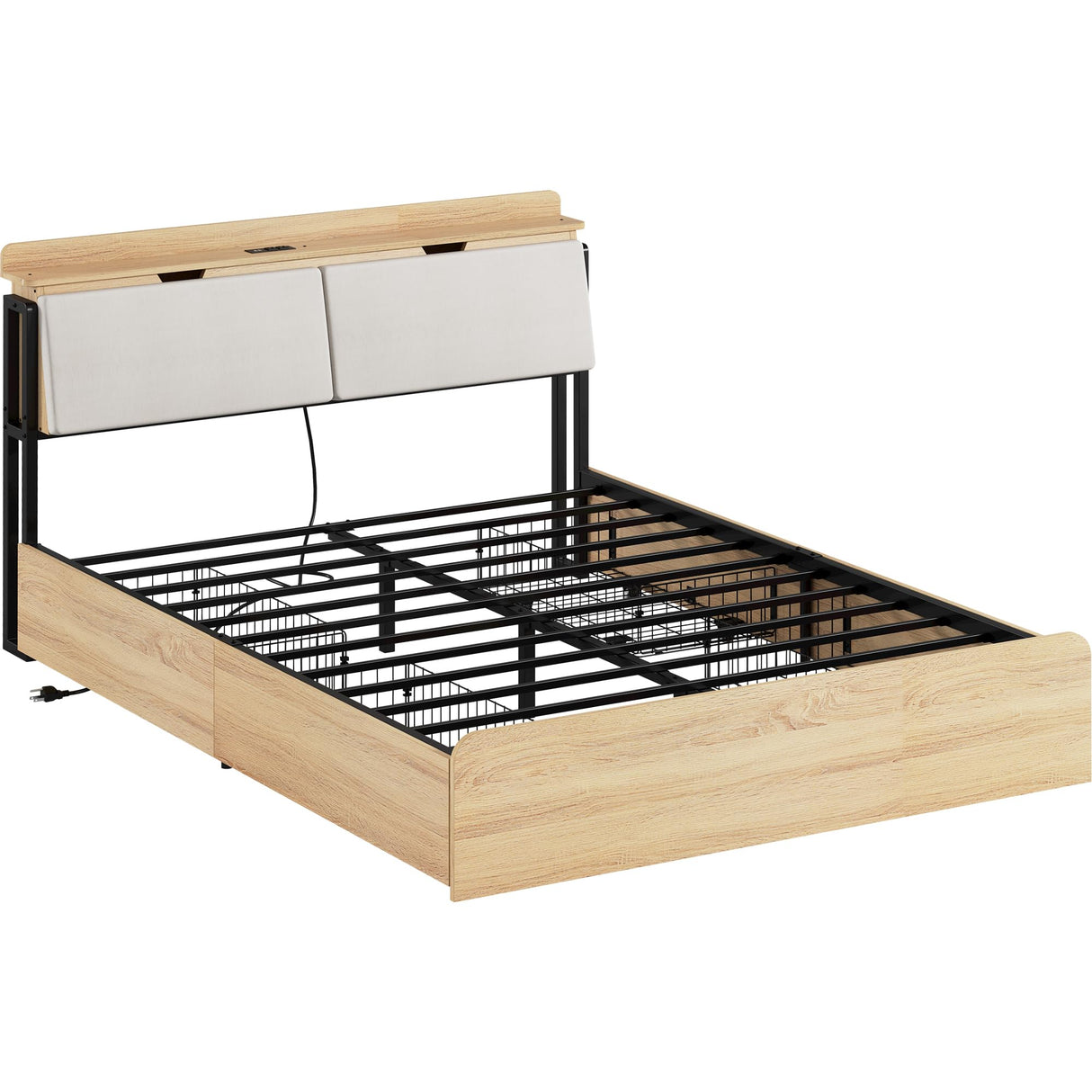 LIKIMIO Queen Bed Frames with Hidden Storage Headboard, Camas Queen with Charging Station and 4 Drawers, Sturdy and Noiseless, No Box Spring Needed, Wood Color LIKIMIO