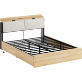LIKIMIO Queen Bed Frames with Hidden Storage Headboard, Camas Queen with Charging Station and 4 Drawers, Sturdy and Noiseless, No Box Spring Needed, Wood Color LIKIMIO