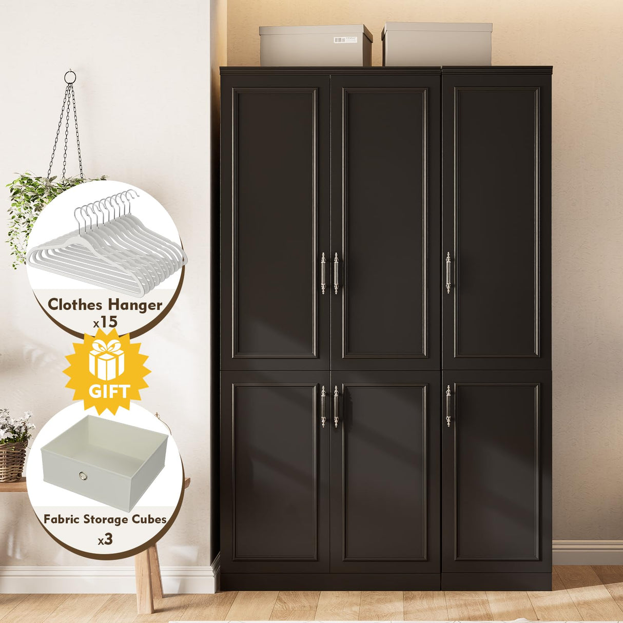 MEISSALIVVE Armoire Wardrobe Closet with 6 Door, 74.8" Large Wardrobe Cabinet with Hanging Rod, Freestanding Modern Bedroom Armoire Storage Cabinet, Black MEISSALIVVE