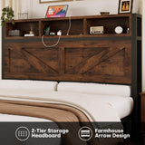 Incyneva Farmhouse Full Bed Frame with Bookcase Storage Headboard, Charging Station, LED Light and 2 Storage Drawers, Noise Free, No Box Spring Needed, Brown Incyneva