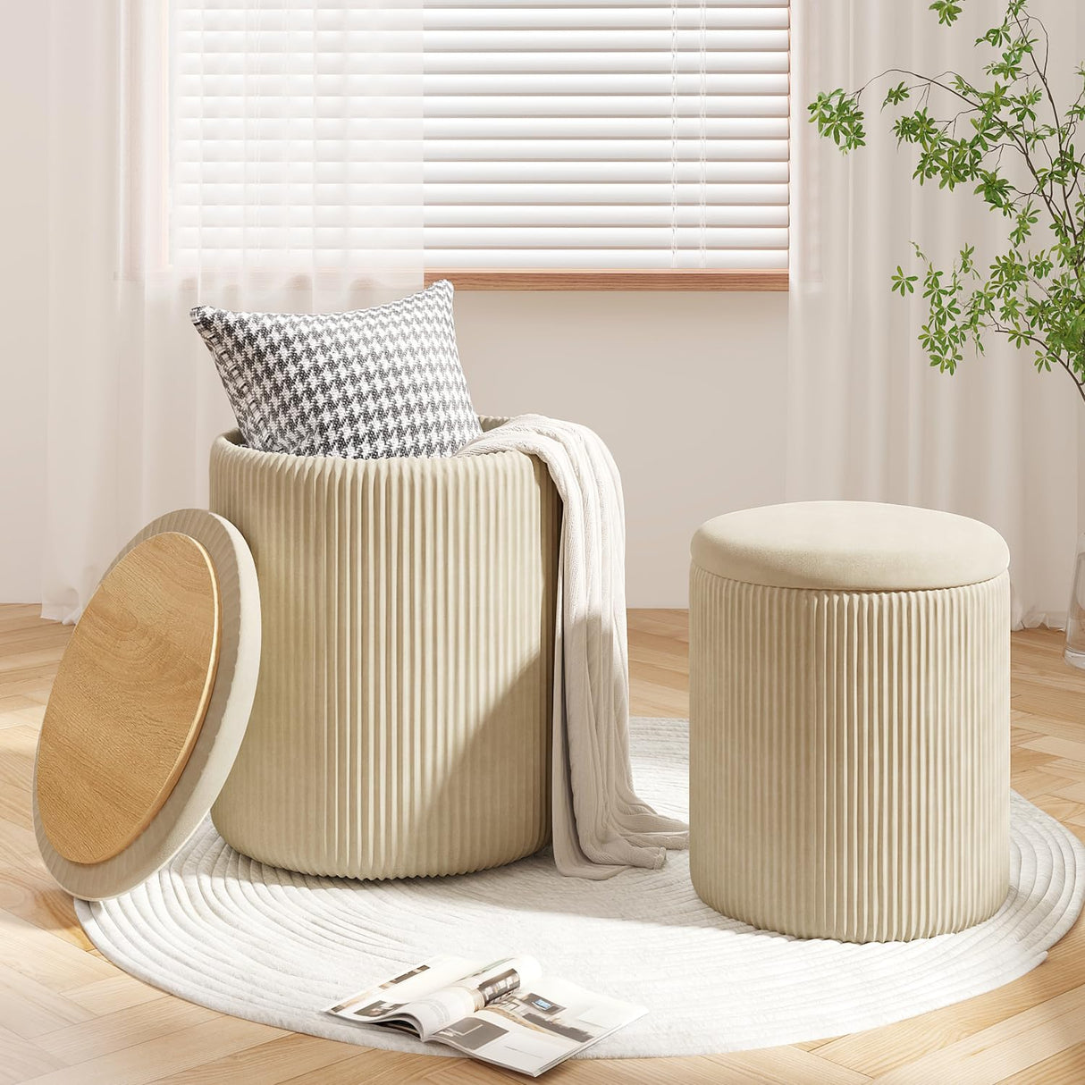 VENDORZ Round Ottoman Vanity Stool with Storage Set of 2, Beige Velvet Round Ottoman with Storage, Multifunctional Round Storage Ottoman Foot Rest, Storage Ottoman Round with Storage for Living Room VENDORZ