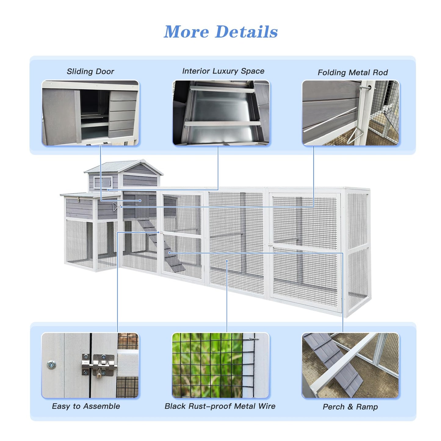 YOPTO 150" Chicken Coop with Two Nesting Boxes and Sliding Door,Outdoor Wooden Extra Large Hen House w/Built-in Slide-Out Tray,Rust-Proof Metal Wire Poultry Cage,5 Perches,Gray