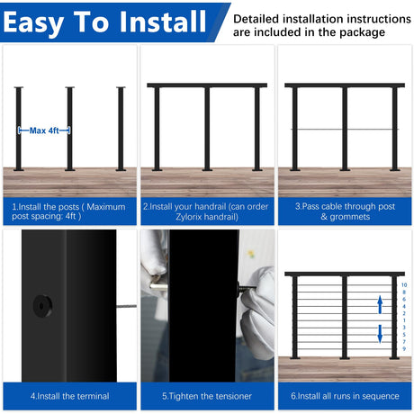 Zylorix 36" One-Stop Black T304 Cable Railing Posts Kit(Flexible DIY), Include 4Pack Level Drilled Line Posts, 177ft 1/8" Wire Rope, Complete Cable Railing System DIY Kit with Cutter(No Handrail) Zylorix