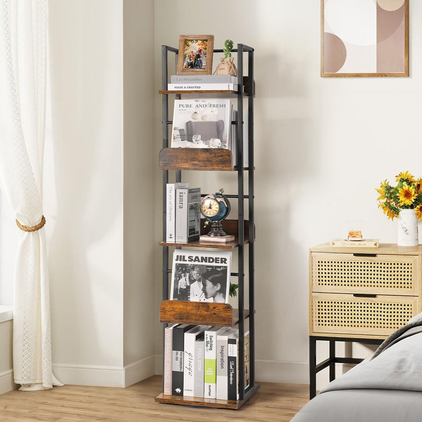 Bikoney 5-Tier Rotating Corner Bookshelf - Tall Industrial Black Wood & Metal Bookcase - WoodArtSupply