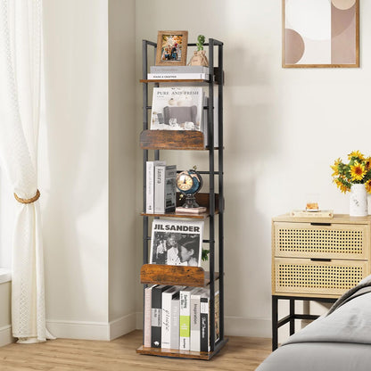 Bikoney 5-Tier Rotating Corner Bookshelf - Tall Industrial Black Wood & Metal Bookcase - WoodArtSupply