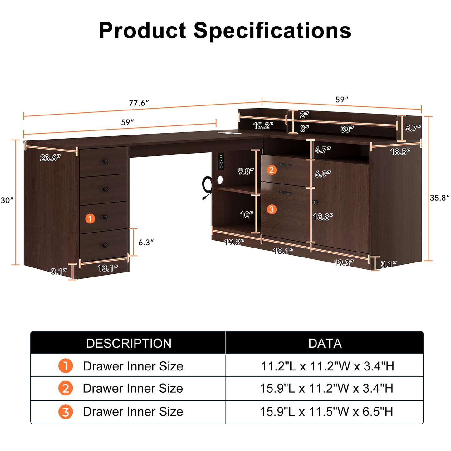 Melidee L Shape Desk - Executive Desk with Drawers and Cabinet Storage, Charging Station & USB Ports - Home Office Computer Desk - WoodArtSupply